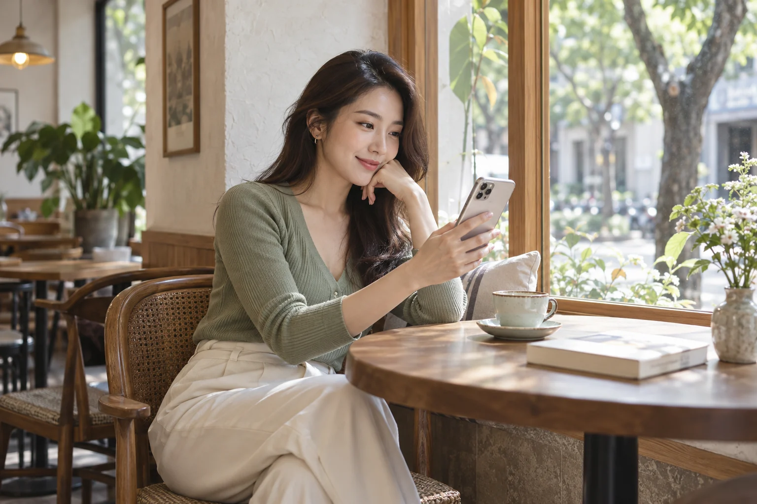 成年女性在明亮咖啡店自在使用手機，享受自己的步調